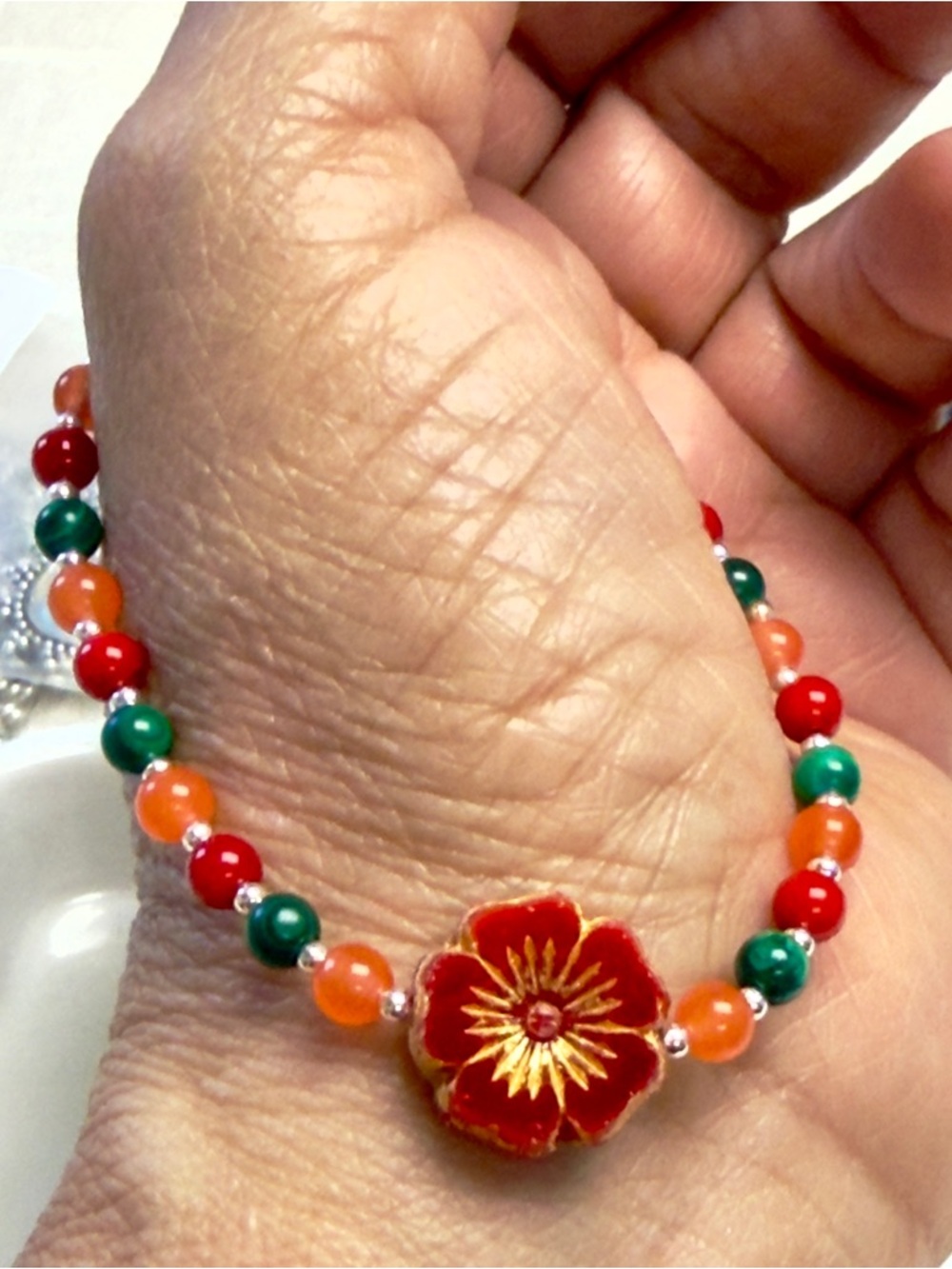 925 Sterling Silver. Handmade Coral. Jade. Carnelia. Flower